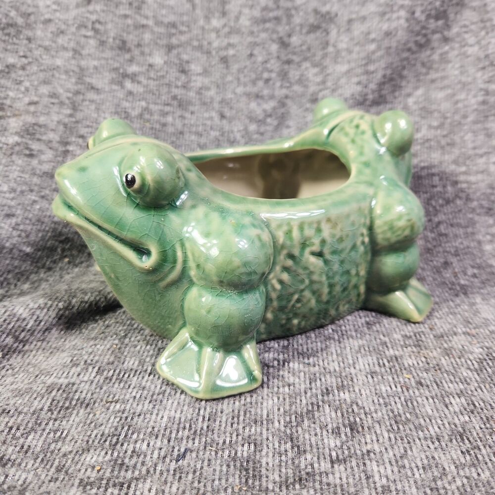 McCoy Style Two Headed Frog Planter Large Green 8x5.5" New Whimsical Garden Pot